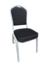 Load image into Gallery viewer, A black padded banquet chair with a metal frame, designed for commercial use.
